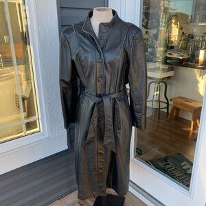 Vintage Leather Long Trench Coat Overcoat 16 Black Belted Retro Maxi Full Length